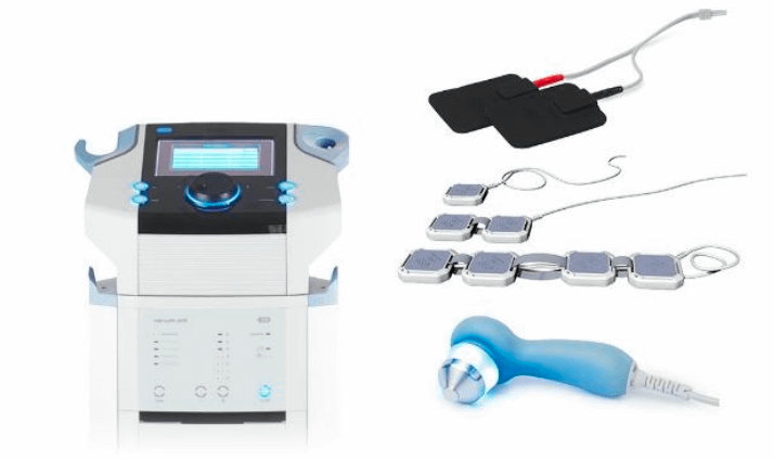 BTL Super Inductive System device with touchscreen interface, electrodes, and applicators for advanced pain management and electrotherapy treatments.